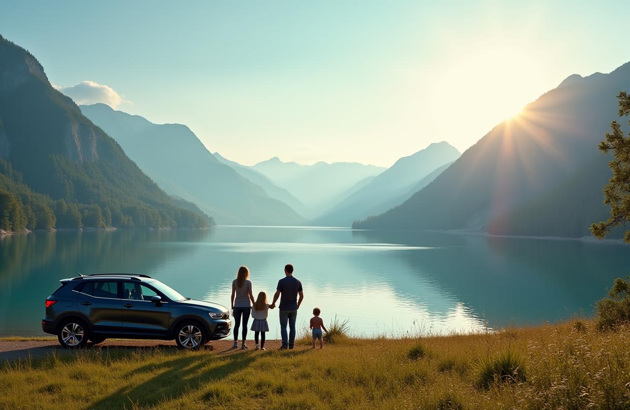 Glückliche Familie mit ihrem Auto an einem malerischen österreichischen Bergsee.