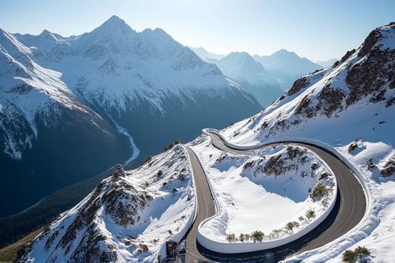 Serpentinen der Großglockner Hochalpenstraße mit schneebedeckten Gipfeln.