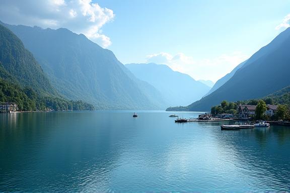 Blick auf den Wolfgangsee mit Booten und Bergen.